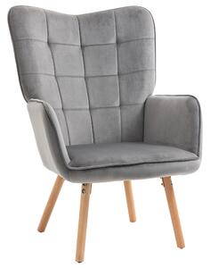 HOMCOM Modern Accent Chair Velvet-Touch Tufted Wingback Armchair Upholstered Leisure Lounge Sofa Club Chair with Wood Legs, Grey