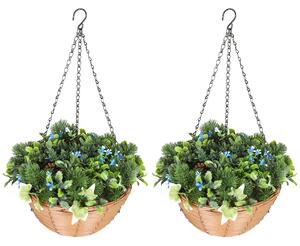 HOMCOM Artificial Flowers in Basket Set of 2, Artificial Hanging Baskets with PE Leaves, 18 Flowers and 3 Pinecones in Pot, Decorative Faux Plant for Home Office Decor, Green