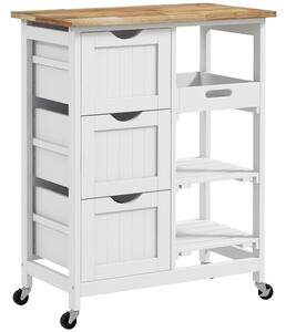 HOMCOM Rolling Kitchen Island Cart, Bar Serving Cart, Compact Trolley on Wheels with Wood Top, Shelves & Drawers for Home Dining, White Aosom UK