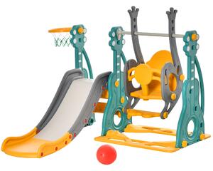 HOMCOM 3-IN-1 Kids Swing and Slide Set with Basketball Hoop Slide Swing Adjustable Seat Height Toddler Playground Activity Center Indoor and Outdoor