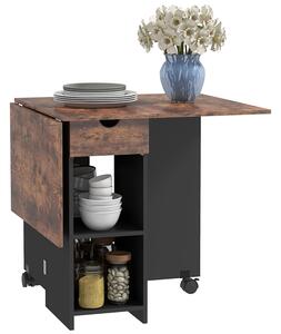 HOMCOM Folding Dining Table, Drop Leaf Table for Small Spaces, Foldable Table with Drawer and Storage Shelves for Kitchen, Dining Room, Rustic Brown