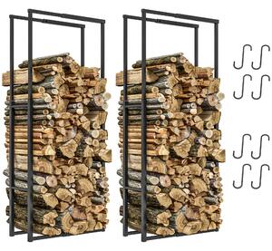Outsunny Firewood Log Rack Set of 2, Retractable Metal Wood Store Holder, Indoor Outdoor Fireplace Log Storage Shelf with Hooks, 65 x 25 x 150 cm, Black