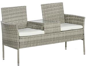 Outsunny Garden Loveseat 2 Seater Rattan Chair for Garden Outddor, with Glass-top Middle Table, Padded Cushions, Grey Aosom UK