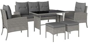 Outsunny 5 Seater Rattan Garden Furniture Set, 2 Armchairs, 3-Seater Wicker Sofa, 2 Footstools and Glass Table for Conservatory, Grey