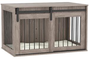Pawhut Dog Cage with Removable Cushion Dog Crate Furniture Particle Board & Steel Heavy Duty Wooden Dog Crate for Large Dogs 98cm, Brown Aosom UK