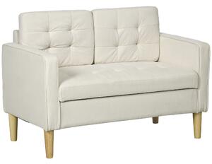 HOMCOM Modern Loveseat Sofa, Compact 2 Seater Sofa with Hidden Storage, 117cm Tufted Cotton Couch with Wood Legs, Cream White