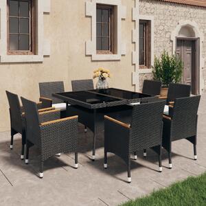 9 Piece Garden Dining Set Poly Rattan and Tempered Glass Black