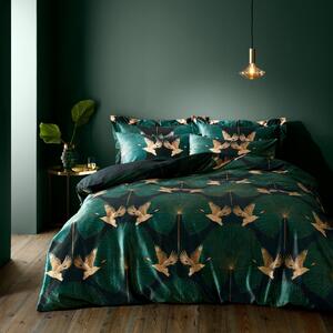 Luxe Cranes Emerald Duvet Cover and Pillowcase Set Green/Gold