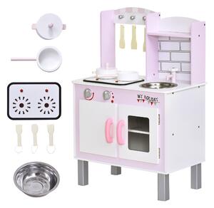 HOMCOM Kids Kitchen Play Set Wooden Pretend Play Toy w/ Sounds Utensils Pans Storage Child Role Play Accessories for 3 Years+ Pink
