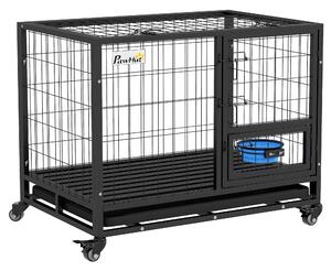 PawHut Heavy Duty Dog Crate on Wheels w/ Bowl Holder, Removable Tray, Detachable Top, Double Doors for L, XL Dogs Aosom UK