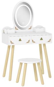 AIYAPLAY Kids Vanity Table and Chair Set with 3-Colour LED Lights Mirror, Drawer, Storage Boxes, for 3+ Years, White