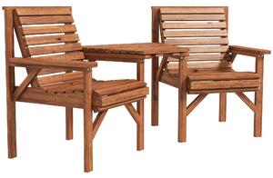 Outsunny Wooden Garden Love Seat w/ Coffee Table Umbrella Hole, Tan Brown
