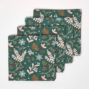 Homescapes Set of 4 Green Napkins 100% Cotton Christmas Holly Design