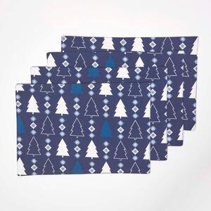 Homescapes Set of 4 Blue Placemats 100% Cotton Christmas Tree Design