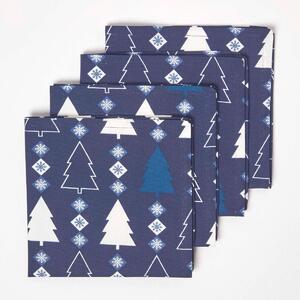 Homescapes Set of 4 Blue Napkins 100% Cotton Christmas Tree Design