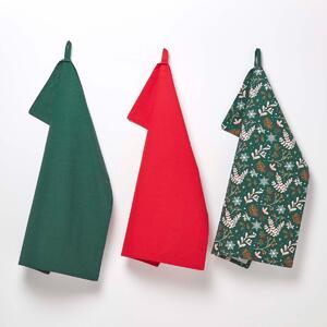 Homescapes Set of 3 Green Tea Towels Cotton Christmas Holly Design