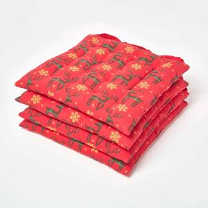 Homescapes Red Seat Pads 40 x 40 cm Christmas Reindeer Chair Cushions