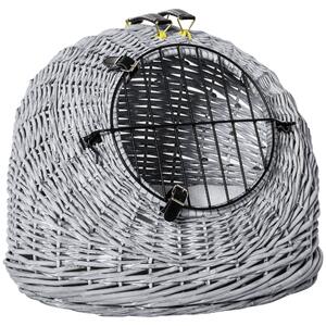 PawHut Wicker Cat Carrier, Portable Pet Basket with Cushion and Handle, Travel Cage for Cats and Kittens, Grey, 50 x 40 x 40 cm