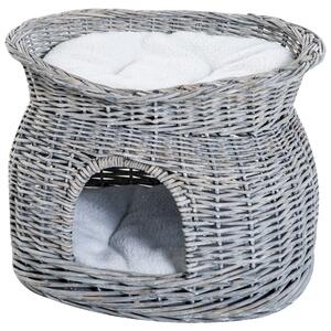 PawHut Wicker Cat House, 2-Tier Elevated Pet Bed Basket, Willow Kitten Tower with Washable Cushions, 56x37x40cm, Grey