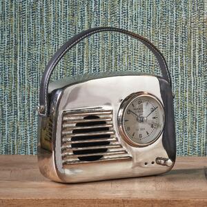 Retro Radio Style Table Clock with Leather Strap Silver