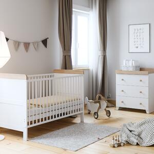 Little Acorns Classic Oak Effect Cot Bed and 3 Drawer Chest Nursery Set White