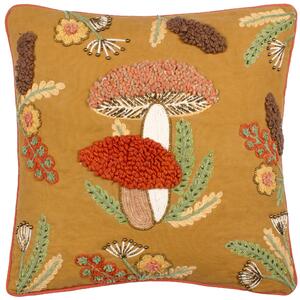 Mushroom Dell Embroidered Cotton 45cm x 45cm Filled Cushion Autumn Gold