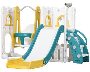 AIYAPLAY 6-in-1 Swing and Slide Set, Kids Playground with Basketball Hoop, Telescope, Storage Space - Yellow