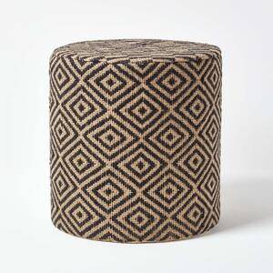 Jute Round Pouffe Black and Off-White Herringbone Pattern, 40 x 40 x 42 cm