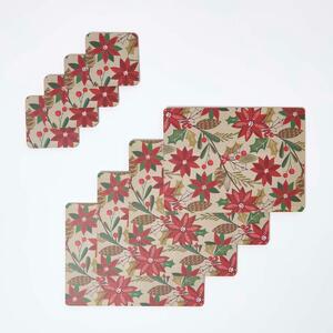 Homescapes Set of 4 Christmas Placemats and Coasters with Red Poinsettia Design