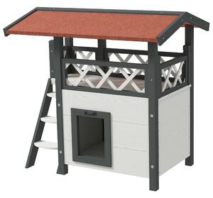 PawHut Cat House Outdoor w/ Balcony Stairs Roof, 77 x 50 x 73 cm, White