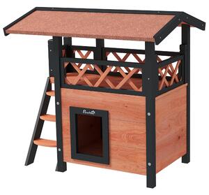 PawHut Cat House Outdoor w/ Balcony Stairs Roof, 77 x 50 x 73 cm, Brown