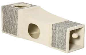 PawHut Cat Tunnel, Plush Large Play Tunnel with Two Caves and Hanging Ball, Cream White