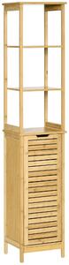 Kleankin Bathroom Floor Cabinet with 3 Shelves and Cupboard, Slim and Freestanding Organiser, Tallboy with Storage, Natural