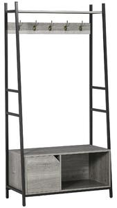 HOMCOM Coat Rack Stand, Shoe Bench with 5 Hooks and Storage Cabinet, Freestanding Metal Frame Hall Tree for Hallway, Grey