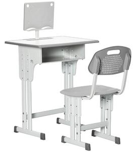 HOMCOM Kids Desk and Chair Set, Height Adjustable Study Table Set with Storage Drawer, Book Stand, Cup Holder, Pen Slot, Grey