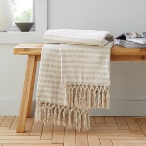 Catherine Lansfield Stripe Chenille Tassel 130cm x 170cm Throw Natural