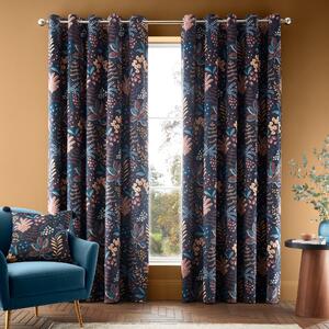 Catherine Lansfield Exotic Leaves Velour Ready Made Eyelet Curtains Black