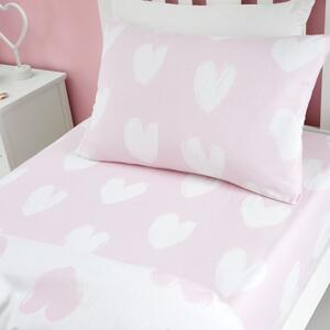 Catherine Lansfield Hearts Brushed Bed Linen Fitted Sheet Pink White