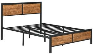 HOMCOM Industrial Double Bed Frame, 5FT Steel Bed Base with Headboard, Footboard, Slatted Support and Under Bed Storage, 147 x 197cm, Rustic Brown
