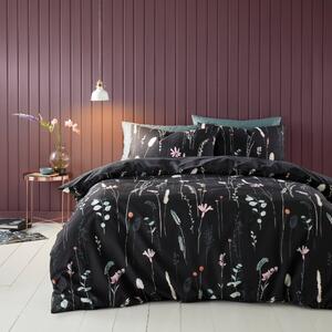 Dried Flowers Black Reversible Duvet Cover and Pillowcase Set Black/Pink/Green