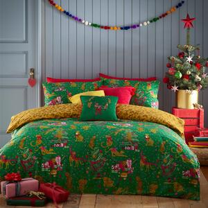 Furn. Purrfect Christmas Green & Gold Duvet Cover and Pillowcase Set Green/Pink/Yellow