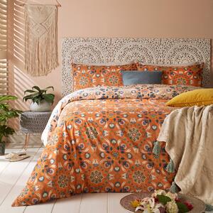 Furn. Folk Flora Orange Reversible Duvet Cover and Pillowcase Set Orange/Blue/White