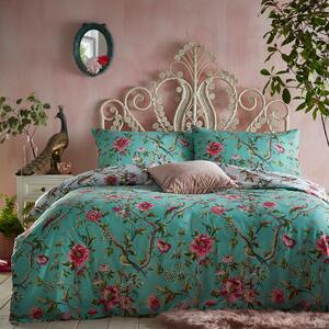 Furn. Vintage Chinoiserie Jade Floral Reversible Duvet Cover and Pillowcase Set Green