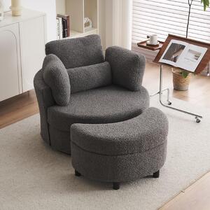 Teddy 360° Swivel Armchair with 3 Back Cushions and Crescent Ottoman Stool, Single Sofa for Living room, 107L x 105W x 82H cm, Medium Grey Aosom.UK