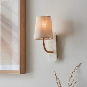 Modern Round Arm Wall Light In Vintage Brass And White Marble With Natural Tapered Shade