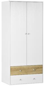 HOMCOM 2 Door Wardrobe White Wardrobe with Drawers and Hanging Rod for Bedroom Clothes Organisation and Storage