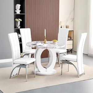 Halo Milo Marble Effect Round Dining Table 4 Ravenna White Chairs