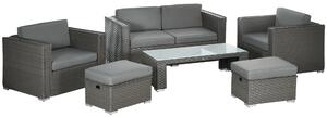 Outsunny 6PC Garden Rattan Sofa Set Outdoor Furniture Patio Table Loveseat Stool Lounging Ottoman Aluminium Frame Wicker Weave Conservatory Grey