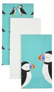 Set of 3 Puffin Tea Towels Blue/White/Black