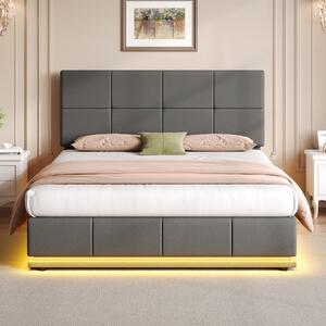 Ottoman Double Bed with PU Leather Finish, Adjustable Headboard, Hydraulic Storage Bed with LED Lighting, 193L x 142W x 111H cm, Grey Aosom UK